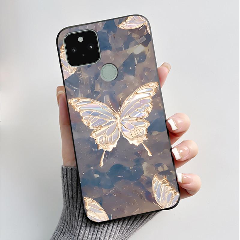 Silikonhülle für Google Pixel 5 Pixel 5A Pixel5 Pixel5A Weiche Abdeckung Luxus Mode Schmetterlingsblumen Bemalt Schwarz Handyhülle