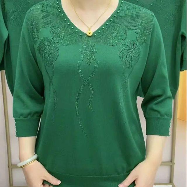 Koreanska Vintage Damkläder 3/4 Ärm Stickad T-shirt Vår Sommar Mode V-ringning Enfärgad Diamanter Lös Avslappnad Topp