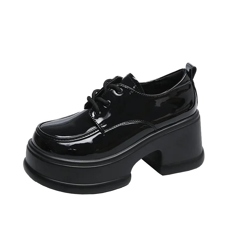 

Модная женская обувь 2024 года, высококачественные женские туфли-лодочки на шнуровке, осенние туфли в британском стиле с круглым носком, однотонные туфли на платформе и массивном каблуке 39 чёрный