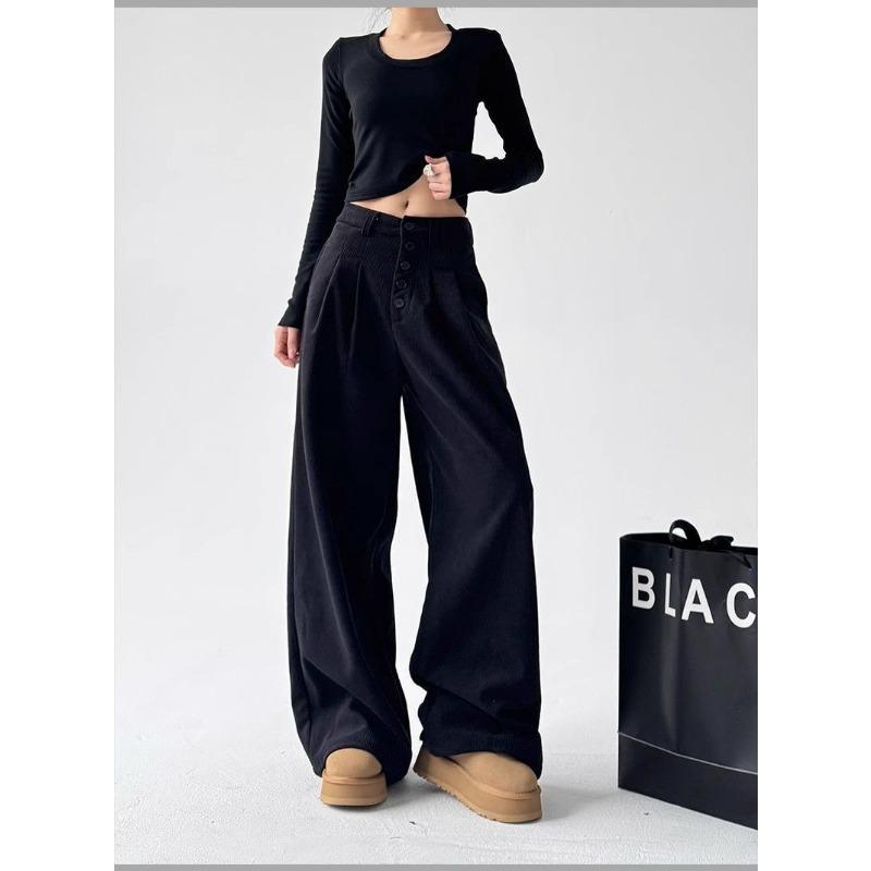 American Retro Design Casual Pants for Women New Drapey Buttoned Loose Wide-leg Floor-length Trousers