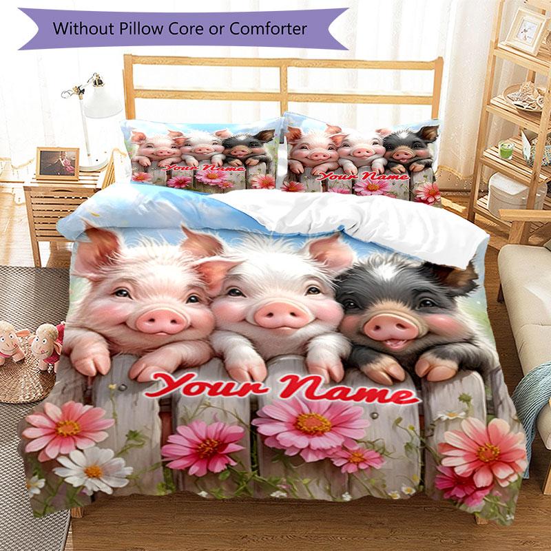 3PC Custom Name Piggy Friends Garden Bedding Set Printed Bedding Set Duvet Cover Closure Includes 1 Duvet Cover & 2 Pillowcases for All Seasons Bedroo