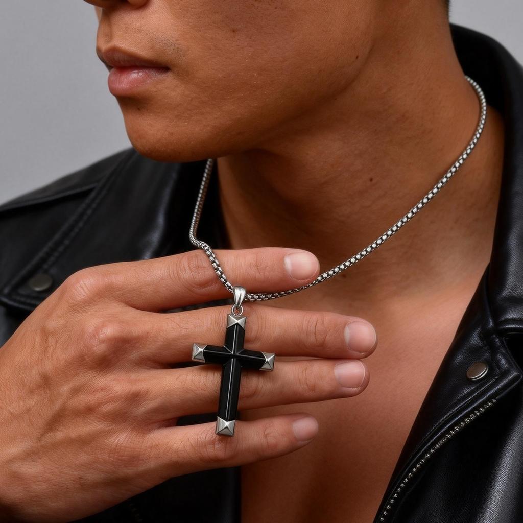 Luxe Natuurlijke Zwarte Onyx Kruis Ketting voor Mannen, Waterdichte Roestvrij Staal Kruis Hanger, Sieraden Cadeau voor Echtgenoot Vader Zoon