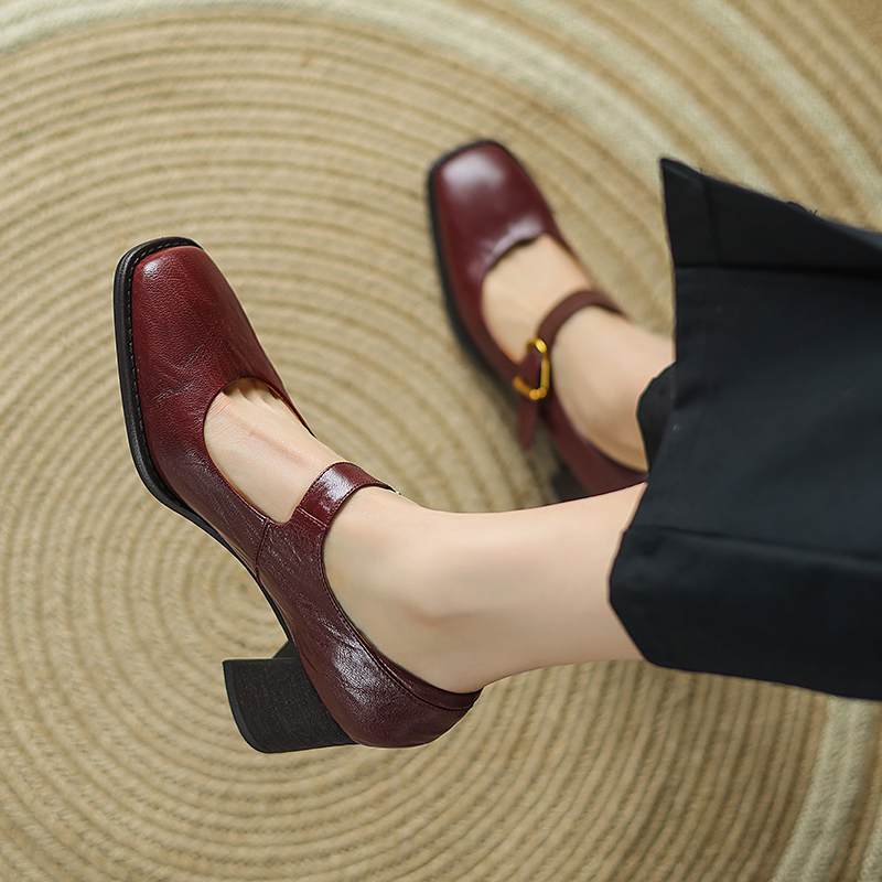 Krazing Pot Sheepskin Fashion Summer Spring Autumn Thick High Heels Metal Buckle Women  European Design Square Toe Pumps