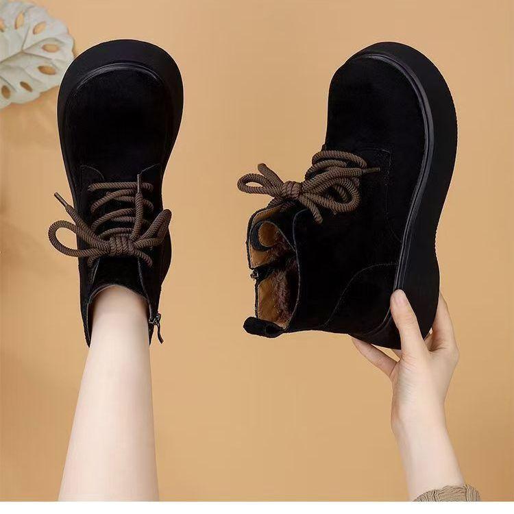 Autumn and winter new velvet thickened warm cold showing feet small cotton shoes retro round head heightening short boots women