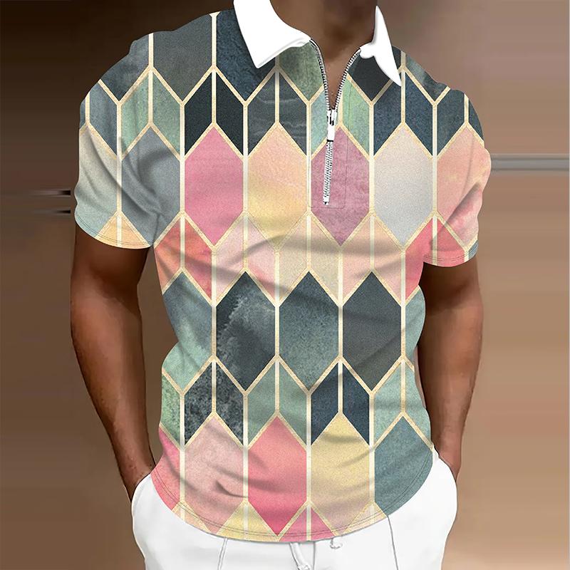 Herren Poloshirt Freizeit Reißverschluss Kurzarm Mode Lässig Reißverschluss Sommer Frühling Normale Passform 3D Rautenmuster Hemd