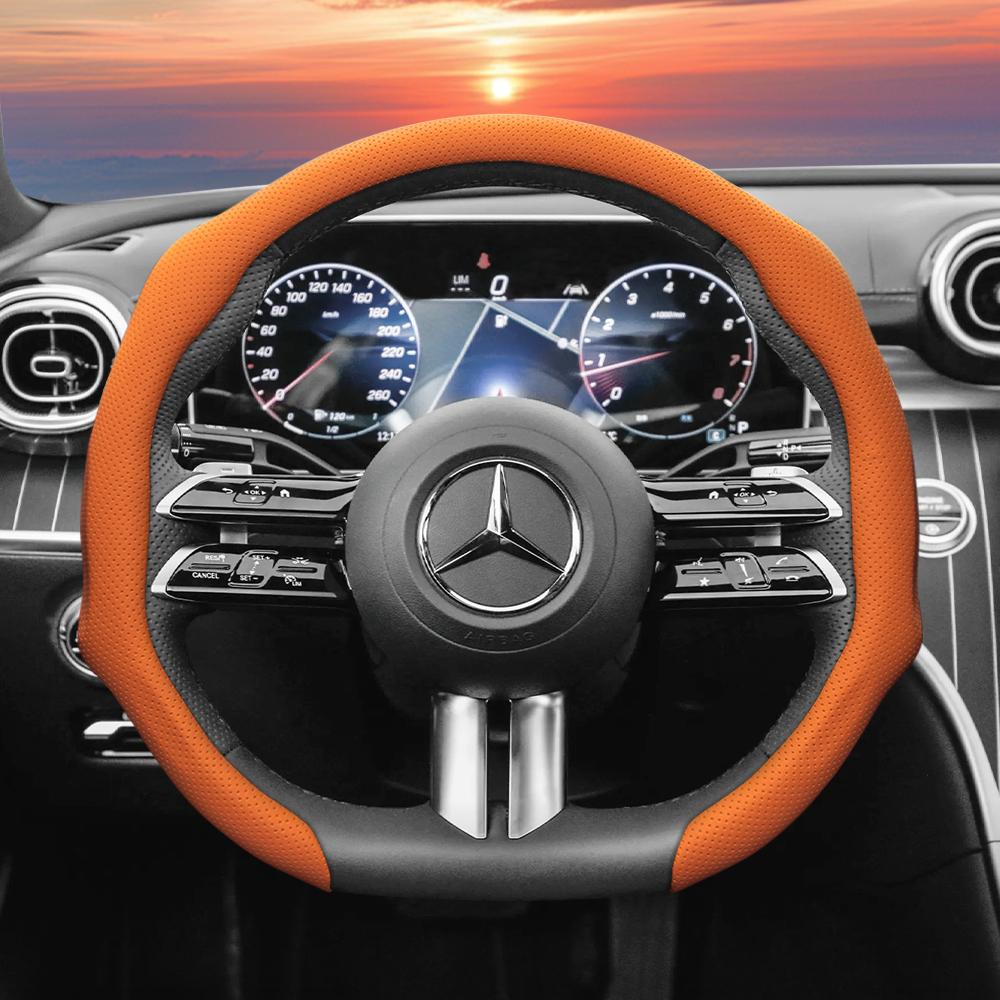 Suitable for Mercedes-Benz Perforated Leather Steering Wheel Cover, Non-Slip, Sweat-Absorbent, Breathable, Integrated Protective Case V 