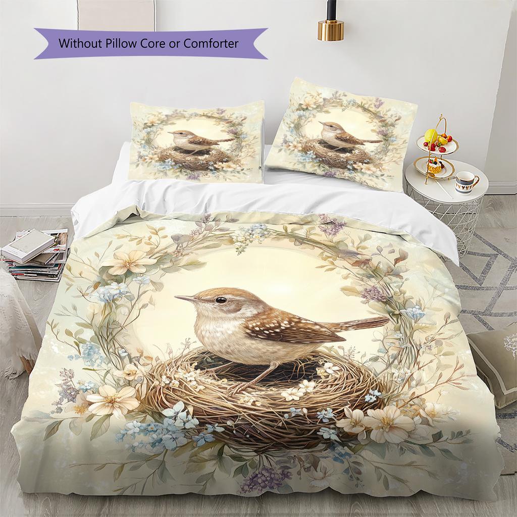 Bird's Nest with Flower Wreath  Pattern Bedding Quilt Set  Home Decoration  Gift (1 * duvet cover + 2 * pillowcase, without core)