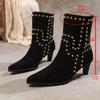 Fashion Fashion Fine Heel Single Boots New Retro Women's Shoes Square Toe Rivet Non-slip Wear-resistant Mid-tube High-heeled Boots