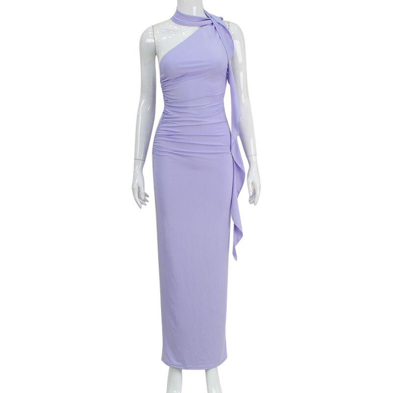 

Outfitgirl Purple One-Shoulder Open Back Pure Desire Elegant Tight High Waist Ribbon Scarf Dress Prom Dresses Purple L