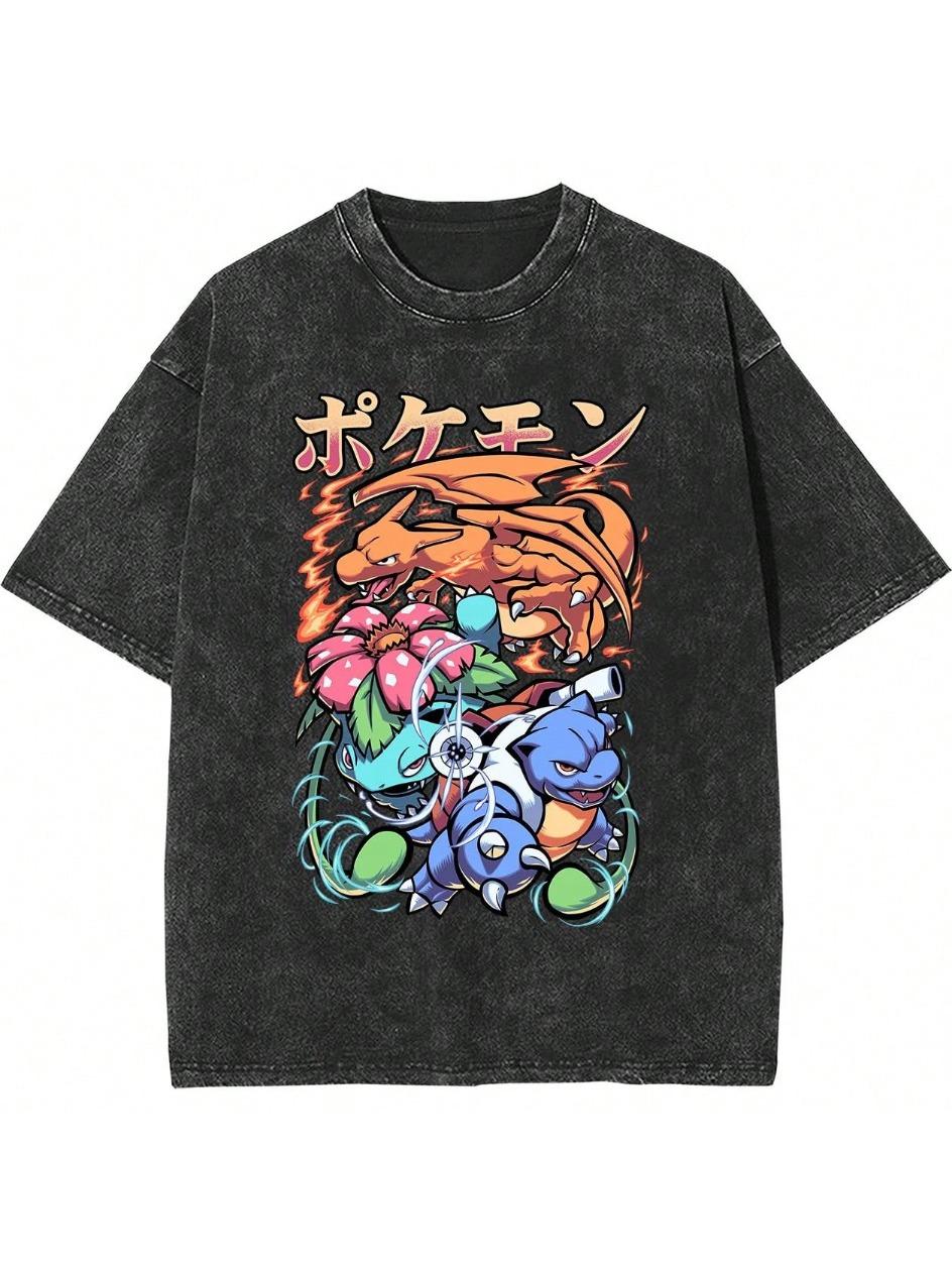 Pokmon anime washed Tshirt Summer New Mewtwo pattern Harajuku unisex Harajuku Loose shortsleeved YK Harajuku shirt M