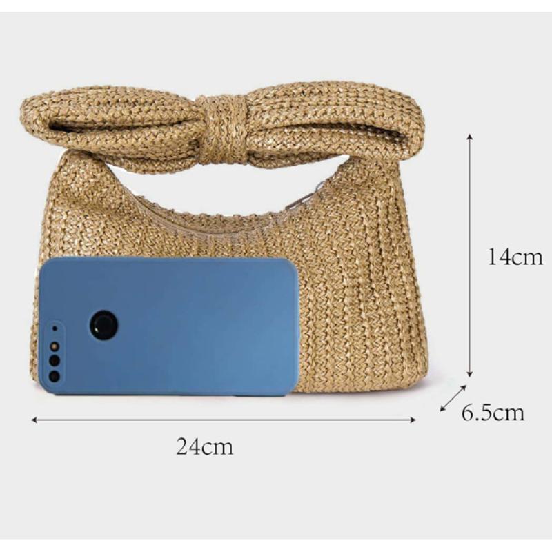 New Women Straw Woven Handbags Summer Zipper Closure Bow Ladies Clutches Purse Versatile Female Bags for Evenging Party