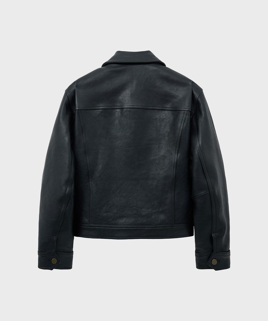 Noirer Antique Cow Leather Trucker Jacket (Black)