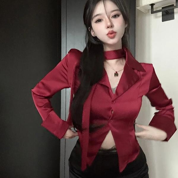 

WTEMPO Черные, красные, шикарные, с длинным рукавом, V-образным вырезом, тонкие рубашки для женщин, однотонные, большого размера, повседневные, универсальные, с вырезом, топы XXL красный