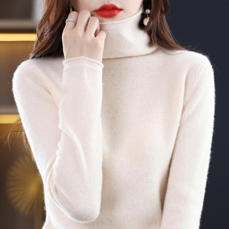 Women's 100% Pure Wool Turtleneck Sweater - Fashionable Autumn/Winter Knitted Cashmere Base Layer Top