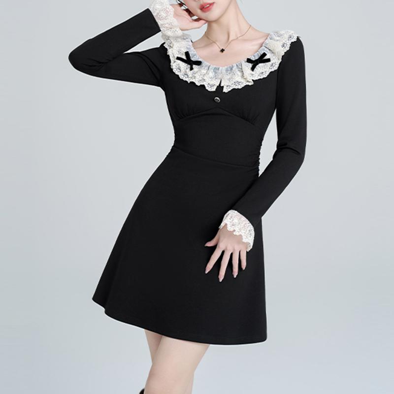 

VONDA Женские осенние кружевные платья с круглым вырезом и длинным рукавом S чёрный