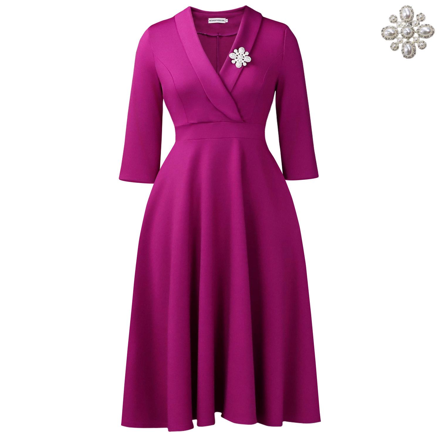 

C8650 Elegant Solid Color Lapel High Waist Swing Dress for Women 3XL