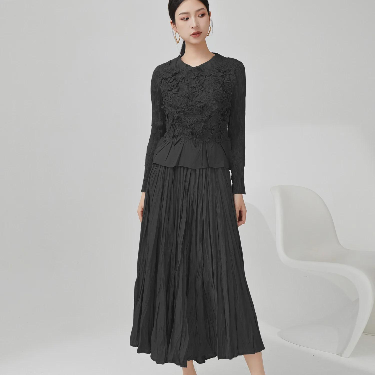 

Жіночий повсякденний костюм плісе преміум-класу: Топ з довгим рукавом та облягаюча міді-спідниця двійка Two-Piece Set: Top + Skirt чорний