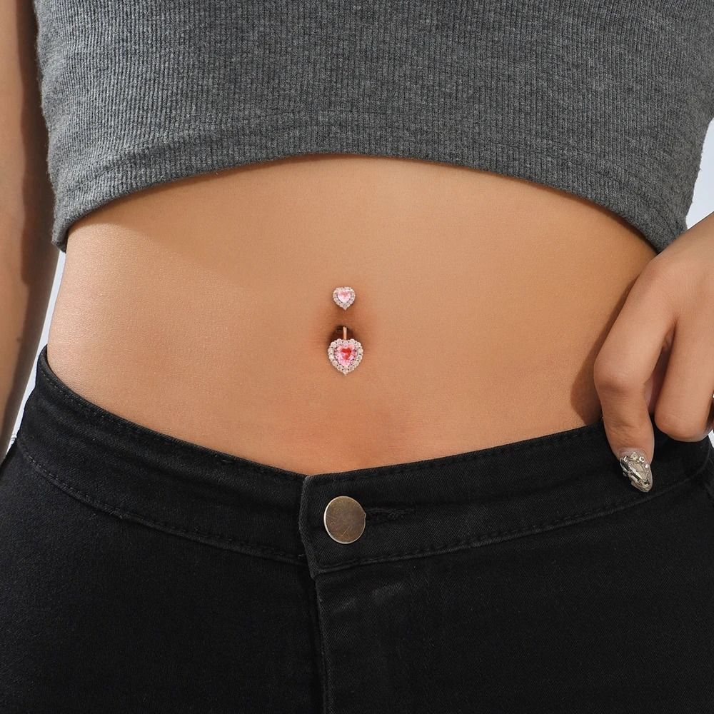 Rhinestone Double Heart Belly Button Ring Stainless Steel Body Piercing Jewelry  Gift