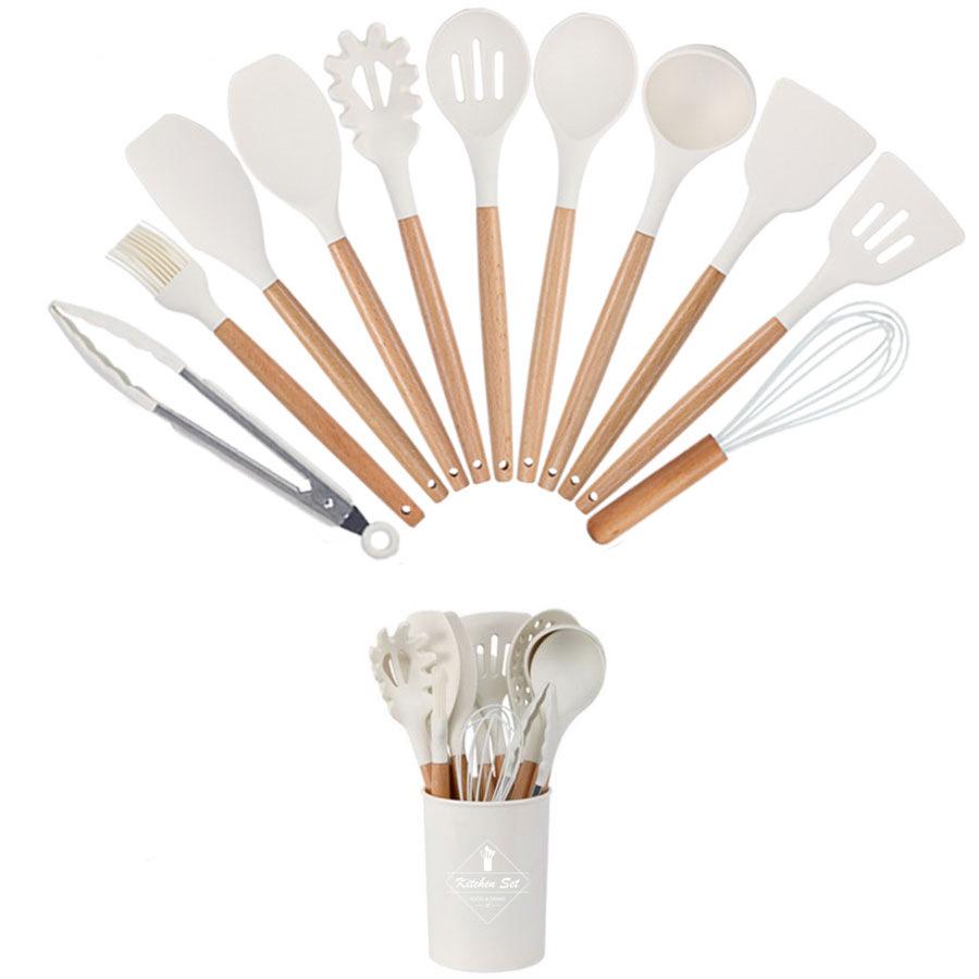 44-Piece Silicone & Wood Handle Kitchenware Set - Non-stick Cooking Spatula, Soup Ladle, and Tableware Tools