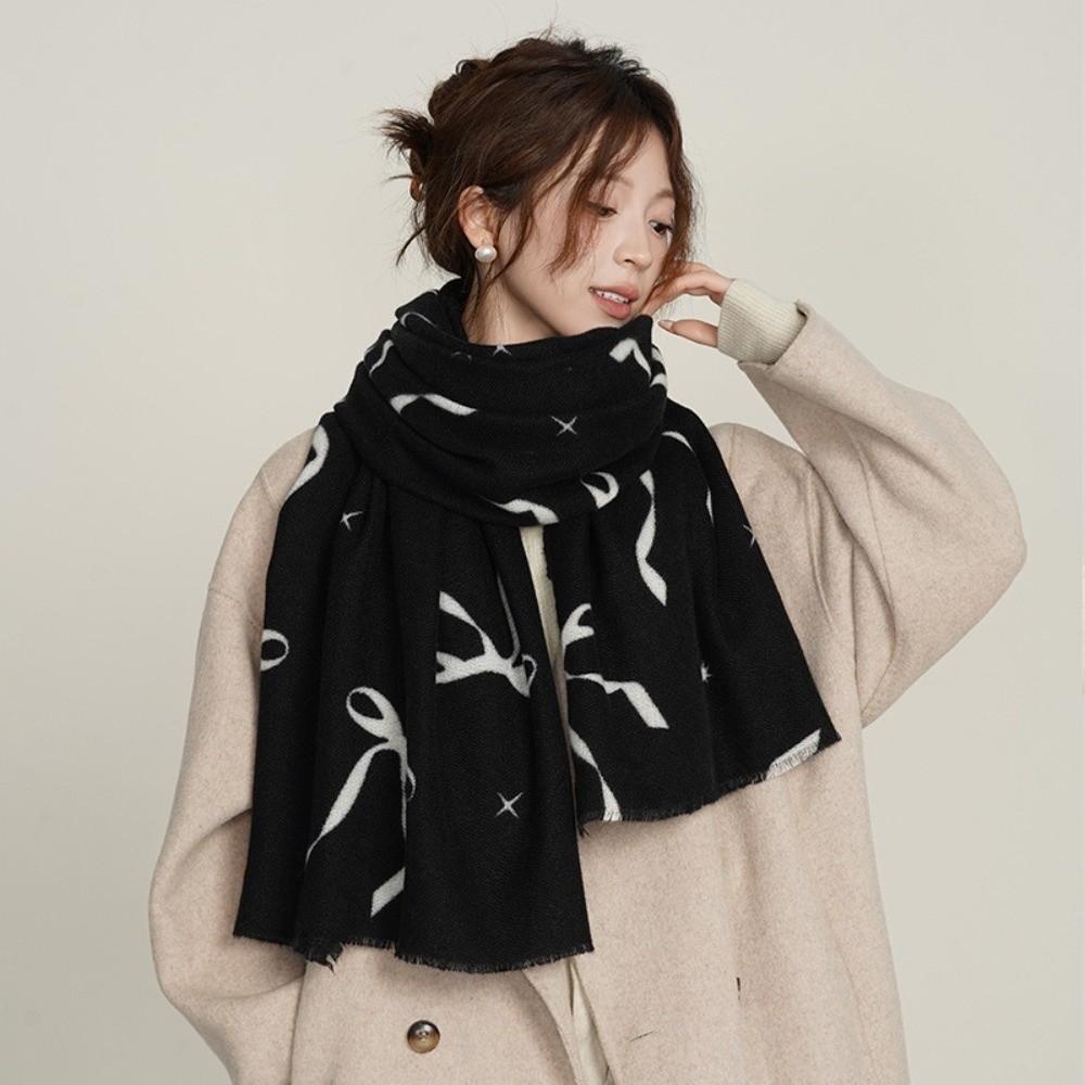 Thicken Bow Wool Scarf Printed Women Cashmere Shawl Soft Winter Cashmere Scarves Office