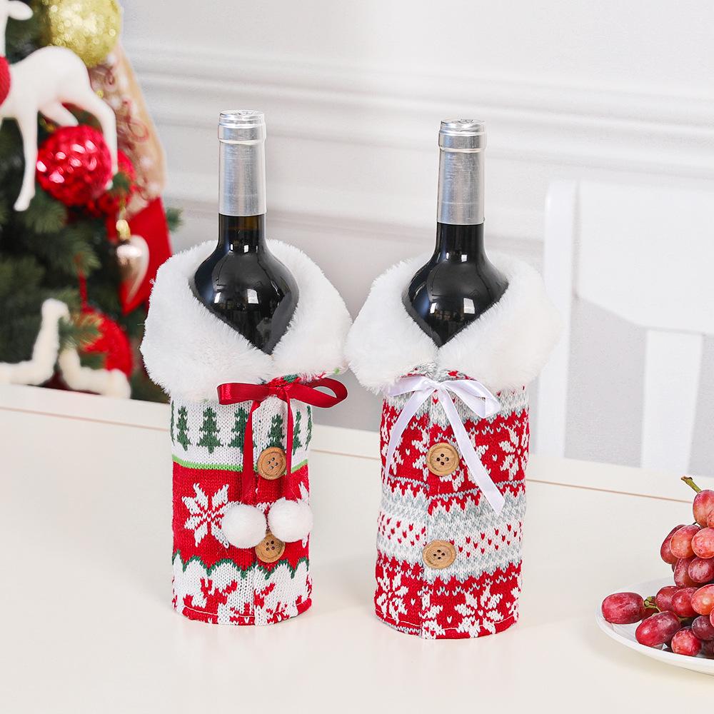 Nordic Knit Reindeer & Snowflake Wine Bottle Cover with Pom Pom - Christmas Decoration