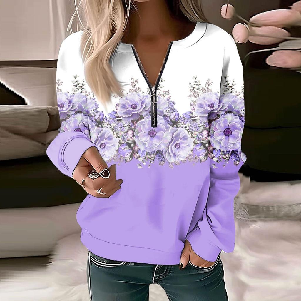 Women Sweatshirt Pullover Basic Quarter Zipper Long Sleeve Print Flowers Hoodie Casual Top