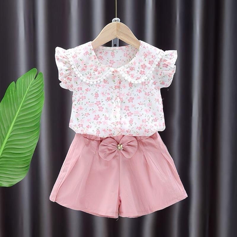Ensemble d'été pour enfants Filles Mignon Imprimé Fleurs Manches Courtes T-shirt et Short Ensemble 2 Pièces Tenue Décontractée Vêtements Bébé Enfants 12M rose