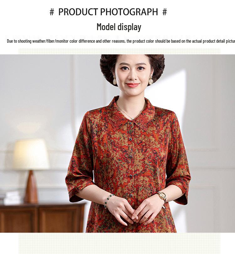 Elegant Floral Print Top with 3/4 Sleeves for Middle-Aged and Elderly Women