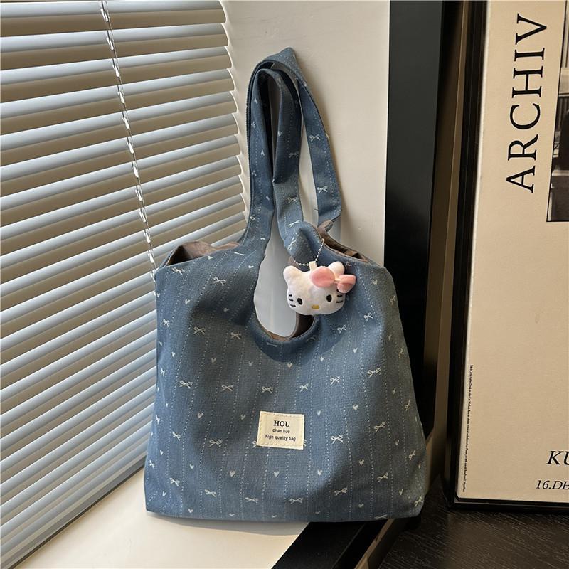 2025 Spring and Summer New Bow Denim Canvas Bag Korean Simple and Versatile Shoulder Bag Large-capacity Tote Bag