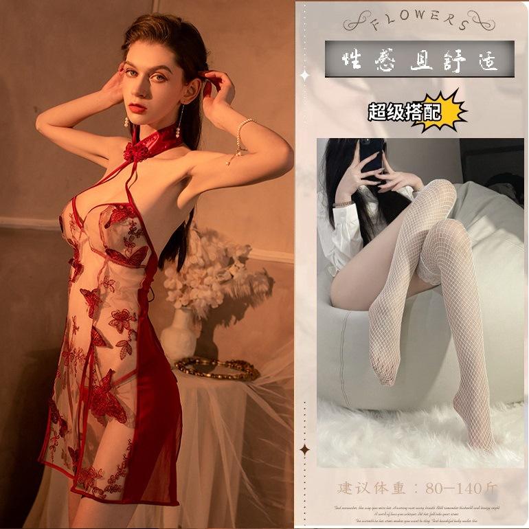 Sex lingerie butterfly embroidered pajamas sexy retro cheongsam wind uniform temptation plus size women's suit