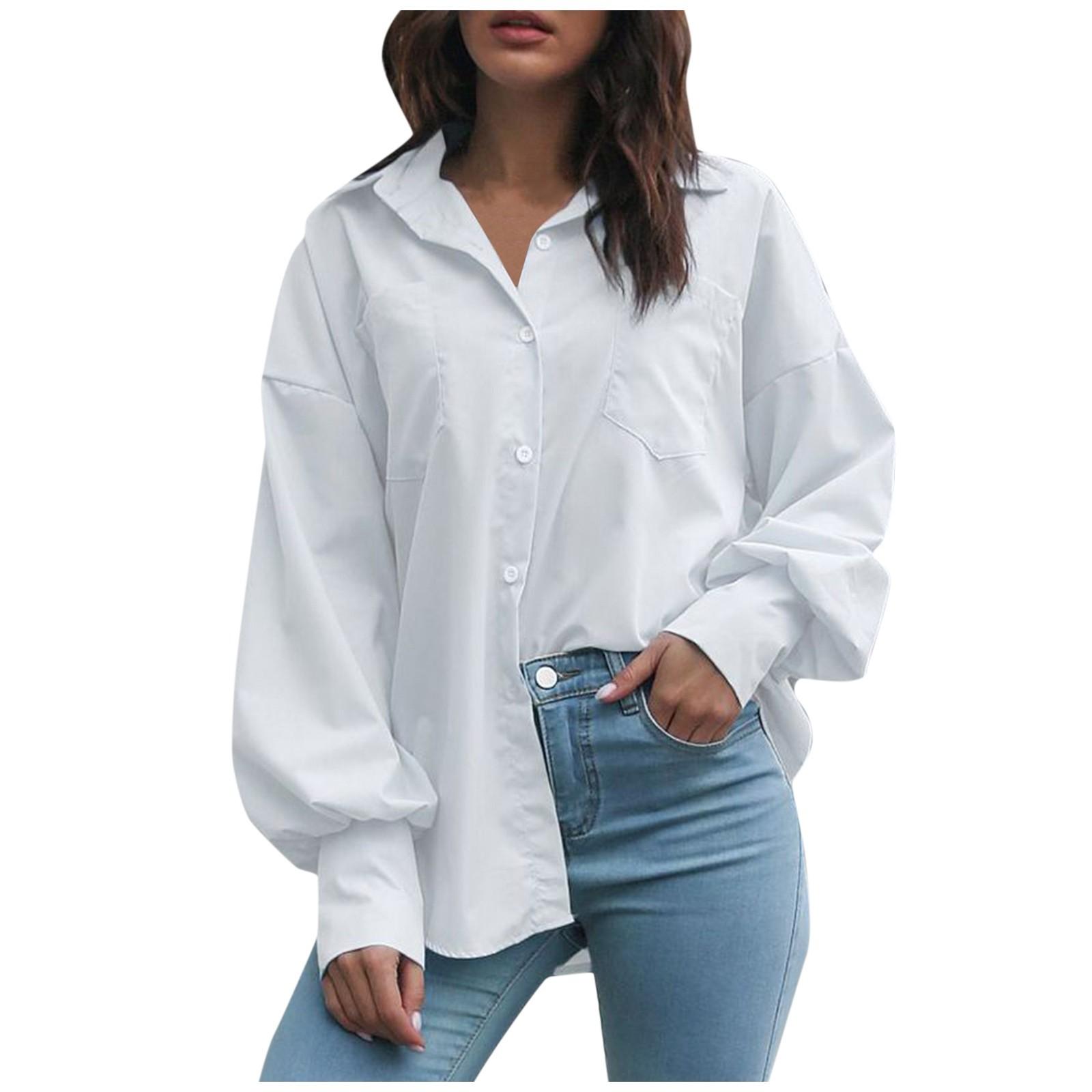 

Женская свободная однотонная рубашка с длинным рукавом и лацканами, спущенным плечом, футболка XL белый