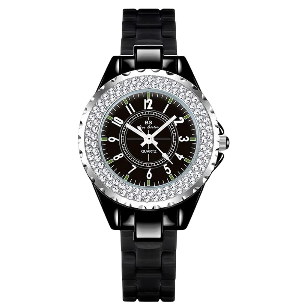 RORIOS Stylish Sparkly Cute Analog Quartz Movement with Water Ceramic Casual Perfect for Birthdays and Black Women's Watch, Resistance, Band, Design,