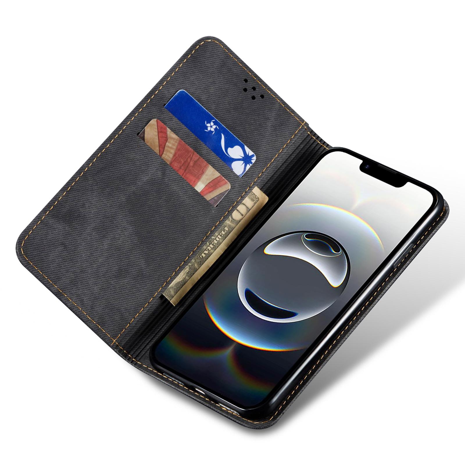 

For iPhone 16e Case Jeans Cloth Texture Anti-Scratch Leather Stand Phone Cover Coffee