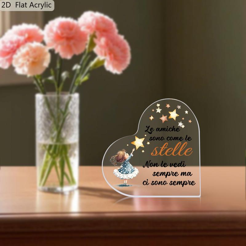 2D Flat, "to My Friend" Italian Phrase Heart-Shaped Acrylic Desktop Decor, Home Decor Plaque Hanging Wall Art Decorative Garden Decoration for Room Do