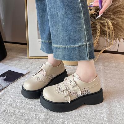 Platform Loafers Women's New Spring Round Toe Mesh Breathable Heightened Slip-on Small Leather Shoes