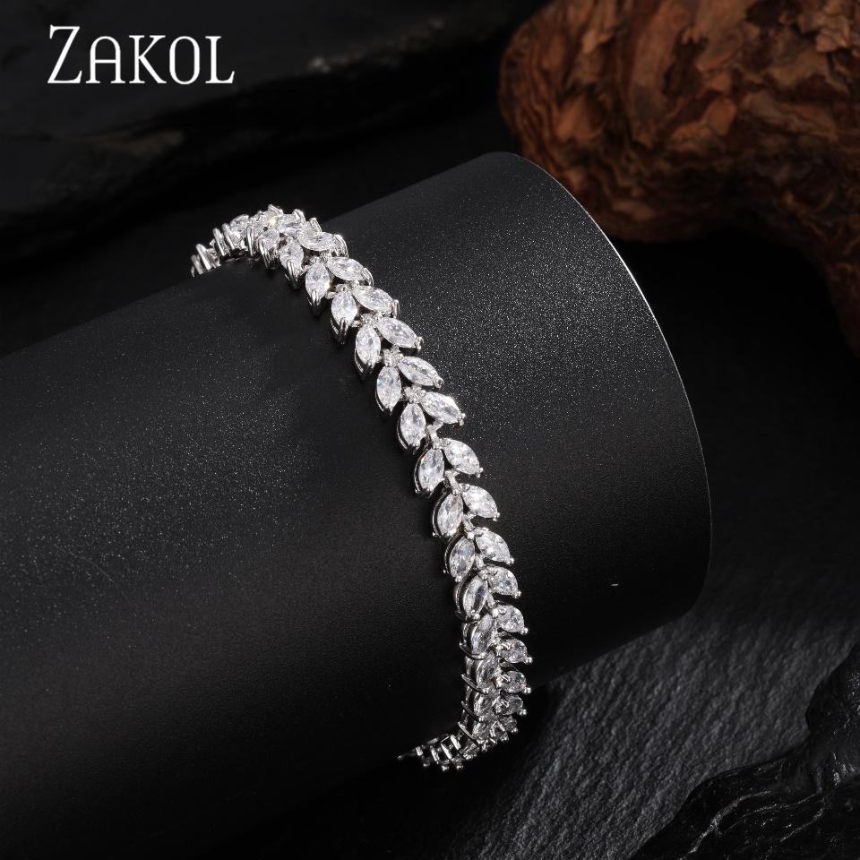 ZAKOL Trendy Wedding Bridal Bracelet for Brides Bridesmaids Delicate Leaf Shape Cubic Zirconia Classic Bracelets Women Jewelry