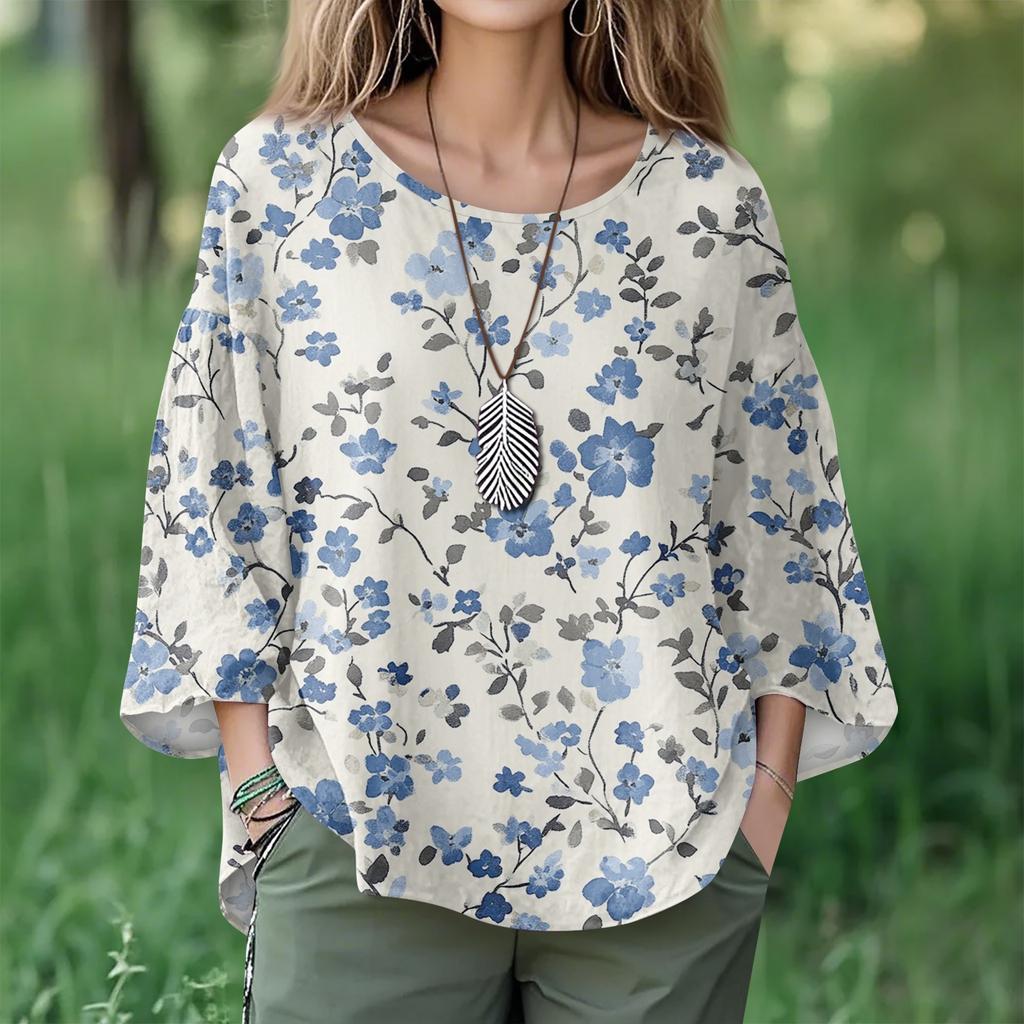 Summer Tops For Women Cute O Neck 3/4 Sleeve Blouses Floral Print Top Casual Shirts
