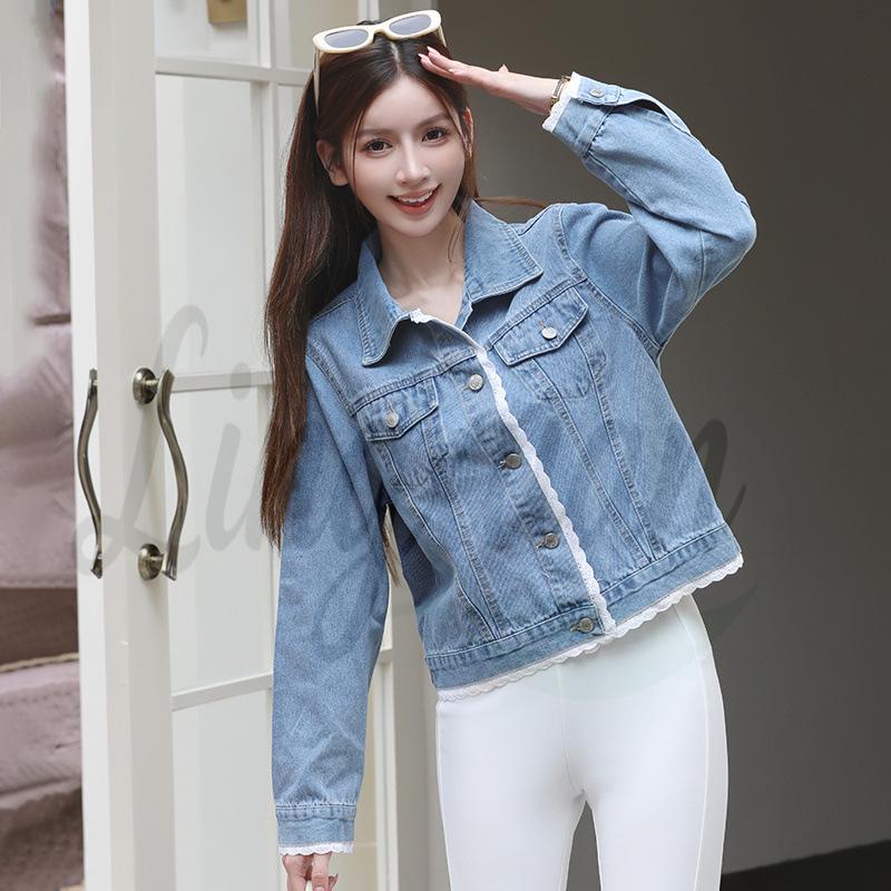 Korean Style Casual Lace Patchwork Denim Top for Women M