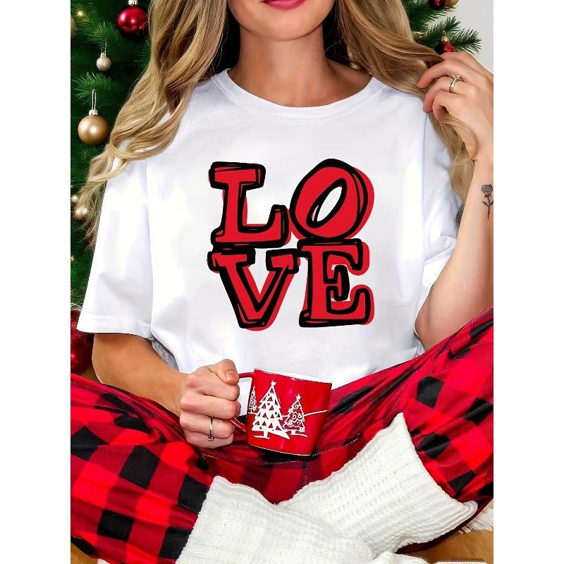 Women Plus Size Vintage Love Letter Print Red Black Valentine Casual Tee S белый
