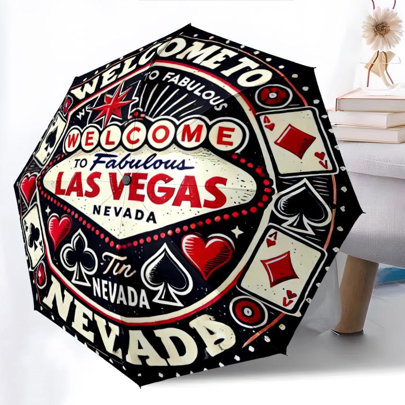 

Las Vegas-Themed Open/Close Umbrella with Folding Mechanism - Heavy-Duty 8-Rib Iron Frame, All-Weather Portable Travel Umbrell