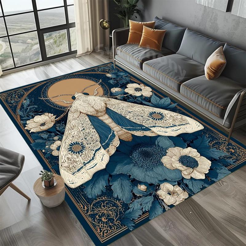 Warm Brown Floral Moth Pattern Area Rug Retro Botanical Style Non-Slip Floor Carpet for Living Rooms Home Decor Areas