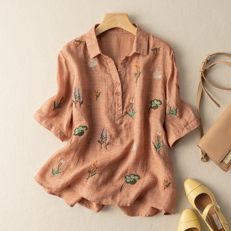 Short-sleeved Cotton and Linen Shirts for Women in Summer New Style Loose Literary Retro Printed Fashion Tops Casual