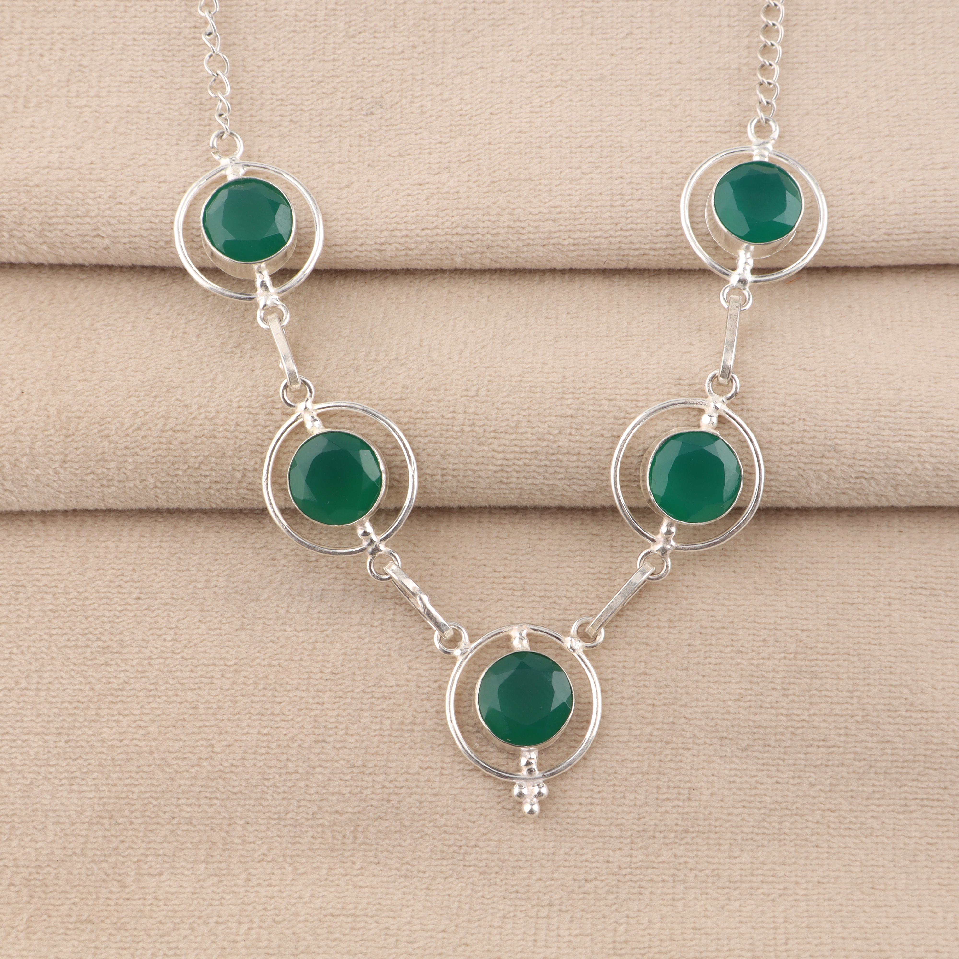 

Green Onyx Gemstone Silver Necklace, 925 Sterling Silver Elegant Women Necklace, Partywear Jewelry RN-2-17