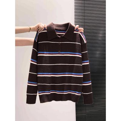 Autumn and Winter Atmosphere Chic Color Matching Striped Knitted Sweater Lapel Loose Long Sleeve Lazy Style Bottoming Top Women