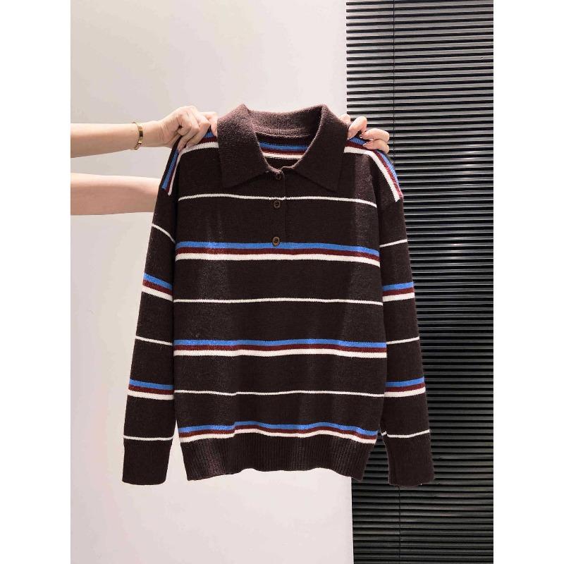 British college style contrasting striped knitted long-sleeved women's autumn and winter retro button-up olo shirt lapel bottoming top