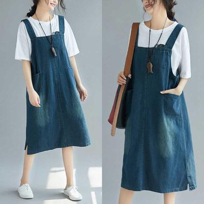 Dames Denim Overall Jurk Losse Pasvorm Mouwloos Halflang Casual A-lijn Jean Jumper Jurk met Zakken