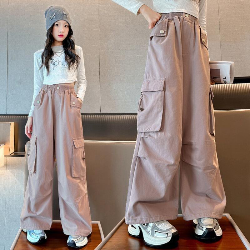 

Подростковые брюки карго Весна и Осень Комбинезоны с карманами и кулиской для детей Прямые брюки Прямые брюки Повседневные брюки 5-14 лет 140