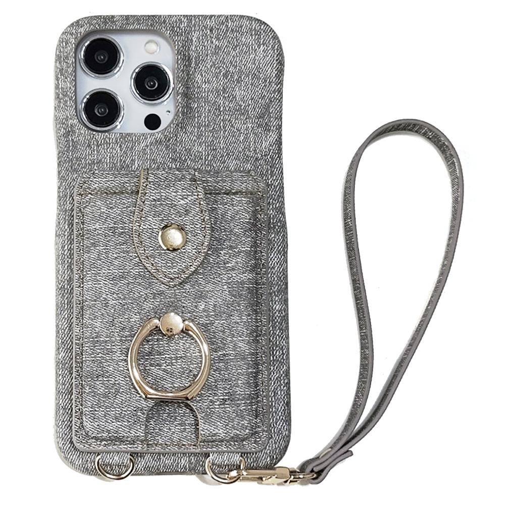 For iPhone 15 Pro Case Ring Kickstand Card Holder Jeans Cloth Texture PU Leather Back Cover with Strap
