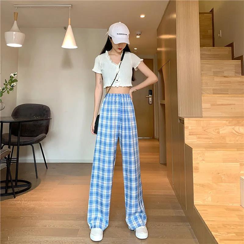 Vintage Plaid Women Pants High Waist Wide Leg Straight Pant Loose Casual Female Trousers Wide Leg Pant Fashion