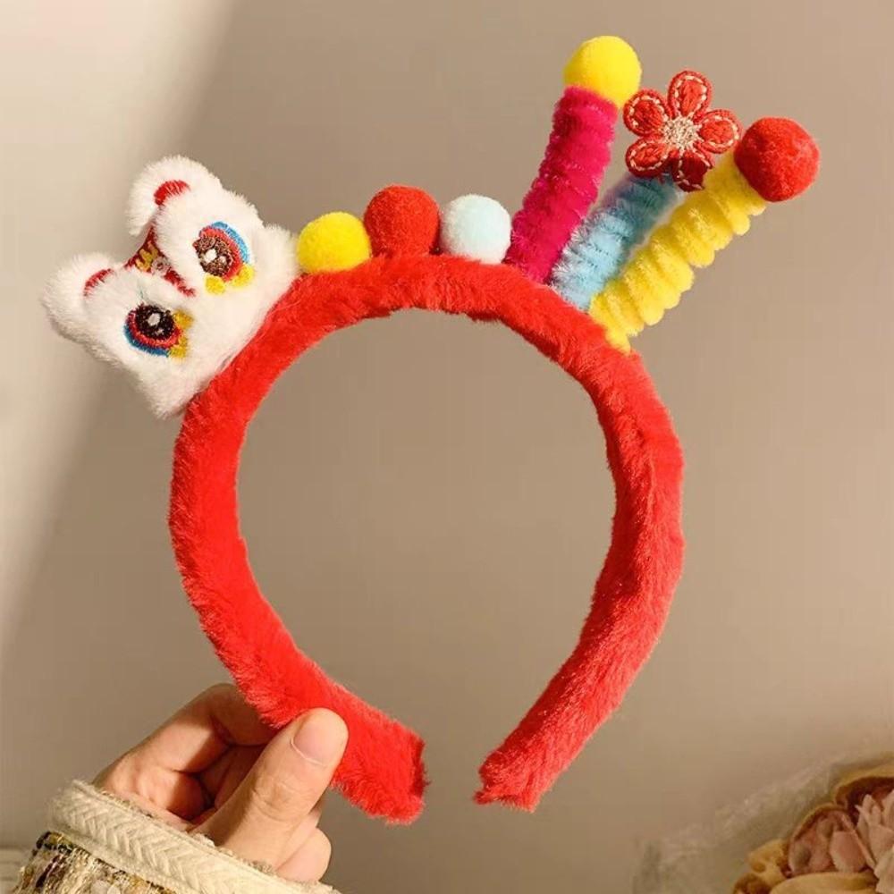 Embroidered Bow New Year Hair Hoop Lion Hanfu Hair Accessories Sweet Red Plush Headband  Kids
